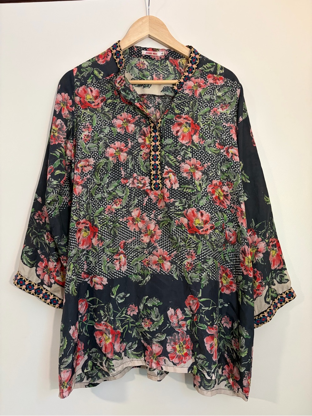 Johnny Was Silk Floral Tunic Blouse Embroidered Trim Boho Long Sleeve Size Small